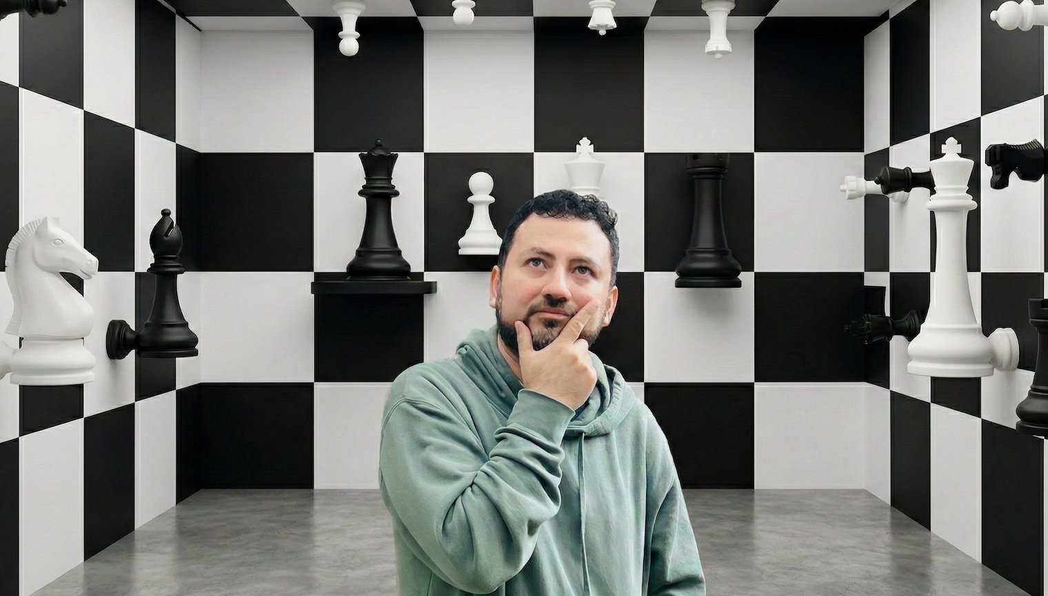 Portrait of Gepser Hoil in front of oversized chess pieces